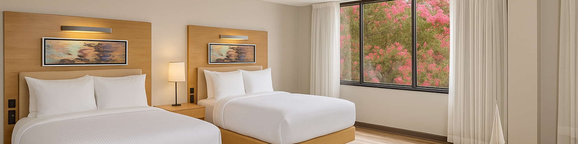 A hotel room with two beds, a window with floral view, wooden floor, and a small table with a decor item on it.