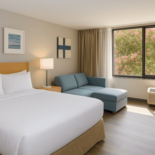 The image shows a modern hotel room with a bed, artwork, sofa, window with curtains, and air conditioner under the window.