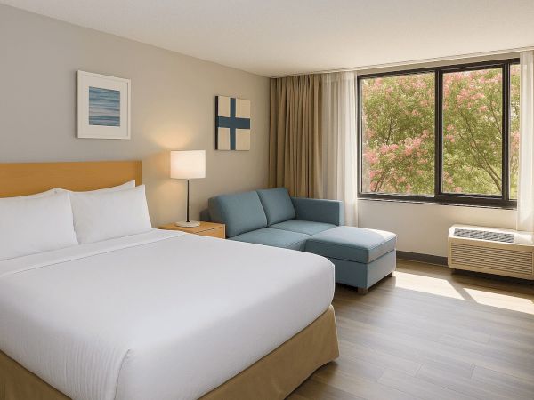 A hotel room with a bed, sofa, lamp, and window with tree view. Neutral colors and simple decor create a cozy atmosphere.